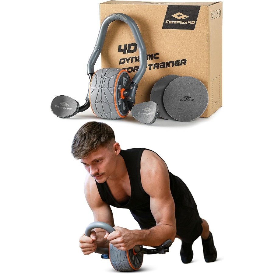 Ab Roller Wheel With Elbow Support - 肘当て付きのCoreFlex4D腹筋ローラー。腹筋、斜腹筋、および体幹の安定性を鍛えるための4D多方向トレーニング用。頑丈な構造。